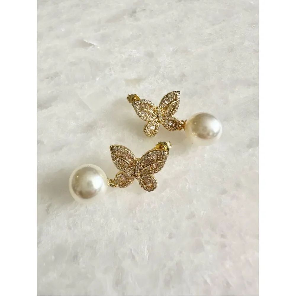 Cubic zirconia butterfly pearl drop earrings